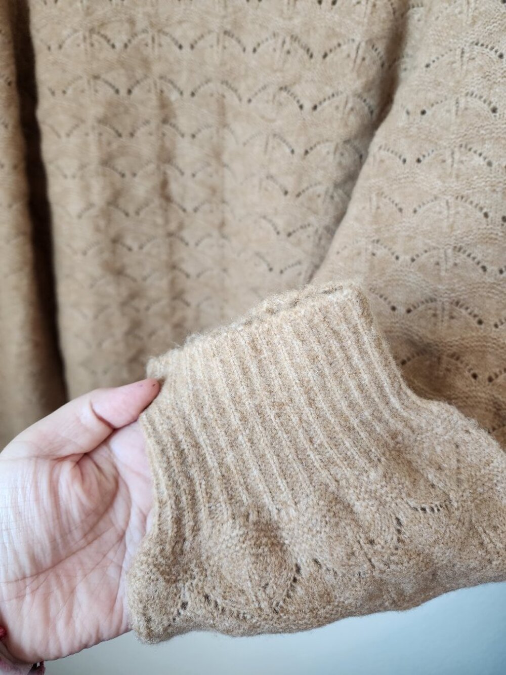 Loft Pointelle Scallop Knit Pullover Sweater Camel Tan M Neutral Minimalist - Picture 6 of 8